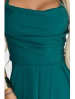 589-6 Maxi šaty bez ramínek s korzetovým zavazováním na zádech a rozparkem - lahvově zelené