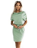240-10 ROXI pohodlné šaty s asymetrickou sukní a páskem - pistáciová barva