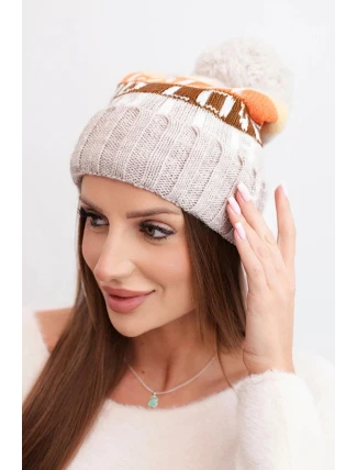 Dámská zimní čepice s vlnou a nápisem s velkým pomponem K422 béžová