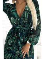 511-1 Plisované šifonové dlouhé šaty s výstřihem, dlouhými rukávy a páskem - GREEN LEAVES