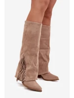Dámské Kožené Boty Na Podpatku S třásněmi Béžové Zalia