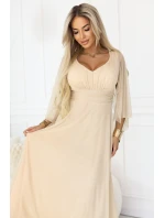 655-4 Dlouhé lehké třpytivé šaty s výstřihem a průhlednými rukávy - šampaňsko-béžová barva