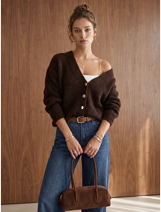 Dámský volný kardigan na knoflíky v čokoládové barvě FashionStreet MY2573 Dámský volný kardigan na knoflíky v čokoládové barvě FashionStreet MY2573