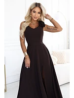 643-10 Elegantní večerní maxi šaty s rozparkem a růžemi – čokoládově hnědé
