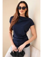 Dámská žebrovaná halenka z viskózy s vodopádovým výstřihem a nařasením tmavě modrá