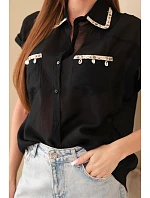 Dámská košile z tencelu s ozdobným límečkem a kapsami černá Dámská košile z tencelu s ozdobným límečkem a kapsami černá