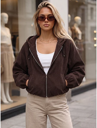 Dámská oversizeová kordová bunda s kapucí, čokoládová, FashionStreet TY6061 Dámská oversizeová kordová bunda s kapucí, čokoládová, FashionStreet TY6061