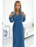 504-5 VIVIANA Plisované midi šaty se srdíčkovým výstřihem, dlouhými rukávy a širokým páskem - barva JEANS 504-5 VIVIANA Plisované midi šaty se srdíčkovým výstřihem, dlouhými rukávy a širokým páskem - barva JEANS