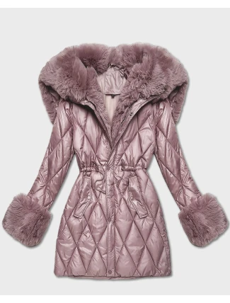 Růžová bunda s kožešinovou kapucí, která tvoří límec (T3-2635#-52)