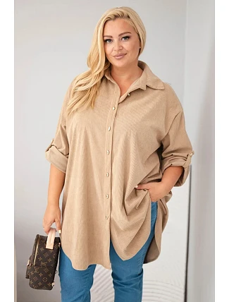 Dámská košile Plus Size z viskózy manšestrová s odepínacími rukávy camelová Dámská košile Plus Size z viskózy manšestrová s odepínacími rukávy camelová