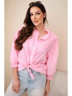 Dámská bavlněná košile s krajkou a vázáním světle růžová