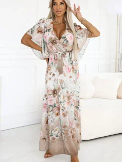 603-2 Vzdušné maxi šaty s obálkovým výstřihem a květinovým vzorem - Béžové růže