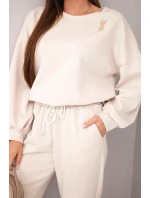 Dámský komplet máslová mikina s broží a kalhoty s rovnou nohavicí béžový