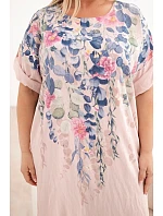 Dámské viskózové šaty Plus Size s krátkým rukávem a rozparky na bocích pudrově růžová