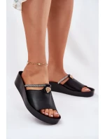 Kožené Dámské Pantofle S Ozdobným Páskem KV51-034 Černé
