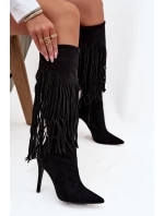 Dámské kozačky na jehlovém podpatku s třásněmi Isalune – černé