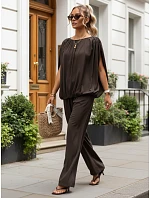 Dámská viskózová souprava se širokými kalhotami, hnědá, FashionStreet AY1201 Dámská viskózová souprava se širokými kalhotami, hnědá, FashionStreet AY1201