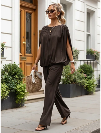 Dámská viskózová souprava se širokými kalhotami, hnědá, FashionStreet AY1201 Dámská viskózová souprava se širokými kalhotami, hnědá, FashionStreet AY1201