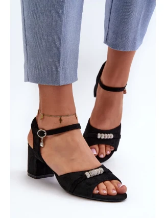 Dámské eko semišové sandály na vysokém podpatku s ozdobami, černá Narhi Dámské eko semišové sandály na vysokém podpatku s ozdobami, černá Narhi