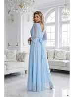 654-3 Dlouhé třpytivé plus size šaty s výstřihem a průhlednými rukávy - modré 654-3 Dlouhé třpytivé plus size šaty s výstřihem a průhlednými rukávy - modré