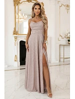 589-4 Dlouhé šaty s jemným třpytem a korzetovým zavazováním na zádech - béžovo-růžové s třpytkami