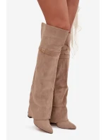 Dámské zateplené kozačky nad kolena s vyhrnutou holení a podpatkem Serelle – béžové, eko semiš Dámské zateplené kozačky nad kolena s vyhrnutou holení a podpatkem Serelle – béžové, eko semiš