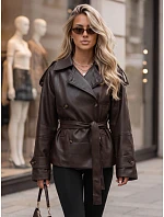 Dámská dvouřadá bunda z ekokůže s páskem, hnědá, FashionStreet TY5912