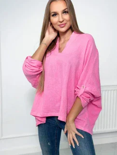 Mušelínová halenka s ohrnutými rukávy tmavě růžová