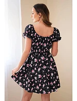 Dámské květinové šaty s nabíraným rukávem a elastickým pasem černá