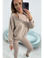 3-dílný set halenka + top + legíny světle béžová
