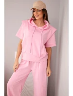 Dámská souprava máslová mikina s kapucí a volné kalhoty se šňůrkou cukrově růžová