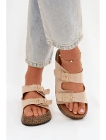 Dámské pantofle na korkové platformě se zlatými sponami světle béžové Tovessa