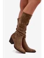 Dámské kozačky s našitou horní částí na podpatku zateplené zelené Paelina