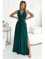 490-3 SUSAN Dlouhé brokátové šaty s výstřihem a prošíváním v pase - BOTTLE GREEN