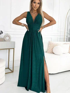 490-3 SUSAN Dlouhé brokátové šaty s výstřihem a prošíváním v pase - BOTTLE GREEN