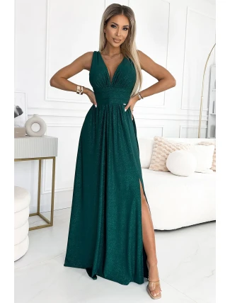 490-3 SUSAN Dlouhé brokátové šaty s výstřihem a prošíváním v pase - BOTTLE GREEN