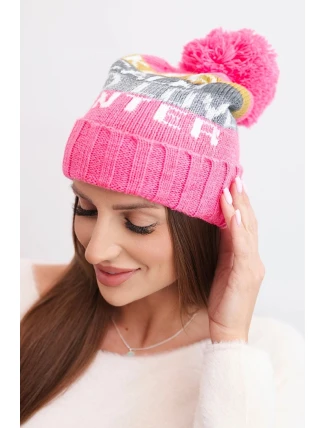 Dámská zimní čepice s vlnou a nápisem s velkým bambulí K422 světle růžová