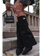 Dámské zateplené kozačky na sloupkovém podpatku s vyhrnutou holení Evyra – béžové, eko semiš