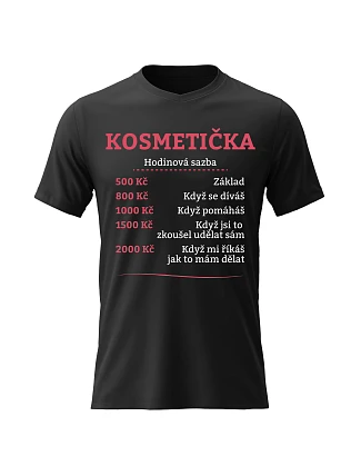 Dámské bavlněné tričko s potiskem - HODINOVÁ SAZBA KOSMETIČKA - černé Dámské bavlněné tričko s potiskem - HODINOVÁ SAZBA KOSMETIČKA - černé