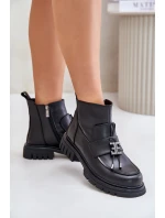 Kožené Kotníkové Boty Na Plochém Podpatku S Dekorací Zateplené Černé Asperra