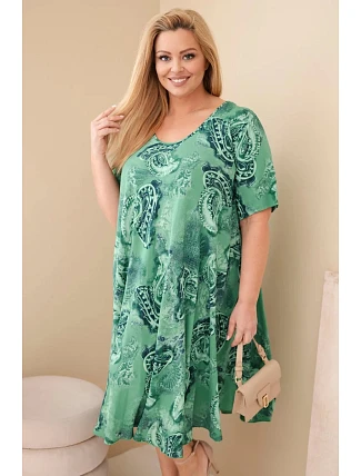 Dámské viskózové šaty Plus Size s krátkým rukávem a paisley střihem zelená