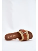 Kožené Dámské Sandály Na Podpatku S Přezkou A Pletením Hnědé Zazoo 40459