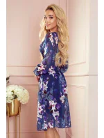 FRANCES - Tmavě modré květované dámské šifonové šaty s dekoltem 388-1