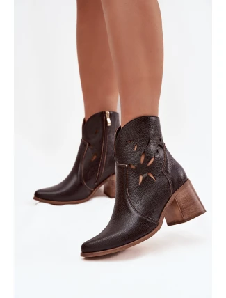 Dámské holeňky s otvory z přírodní kůže na podpatku Zazoo 3690 čokoládové