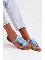 Dámské Sandály Ploché Modré Ozdobné Květiny Noemia