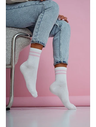 Dámské Ponožky Tenké Pruhy Bílá-Růžové