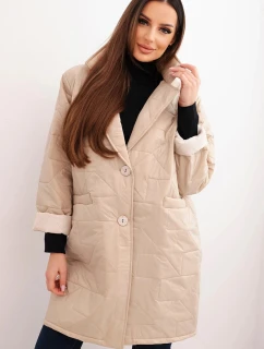 Dámská bunda Plus Size prošívaná s ozdobnými knoflíky a límcem tmavě béžová