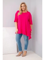 Dámská blůza Plus Size s bavlnou a volánem a ohrnovacími rukávy fuchsie