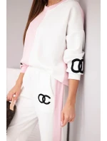 Dámský teplákový komplet Masełko dvoubarevný s oversized mikinou a rovnými kalhotami pudrově růžový+bílý