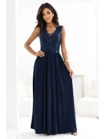215-6 LEA dlouhé elegantní maxi šaty s krajkovým vrškem a rozparkem na nohou - tmavě modré